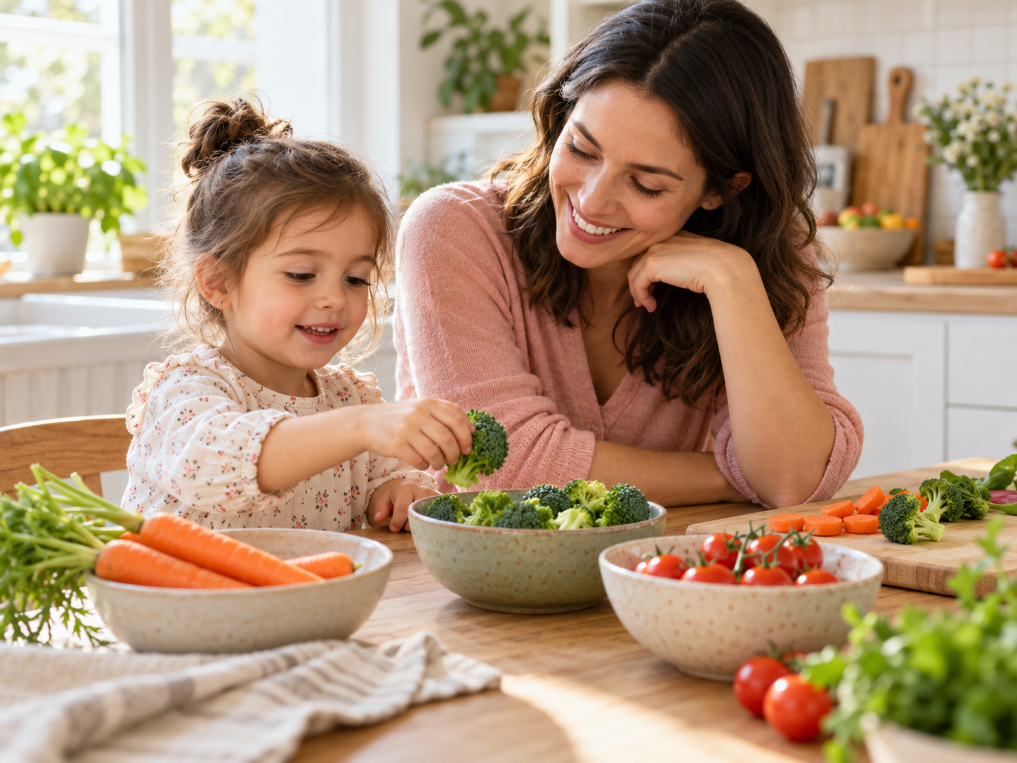 Una mamá y su hijo exploran alimentos juntos en una mesa de cocina